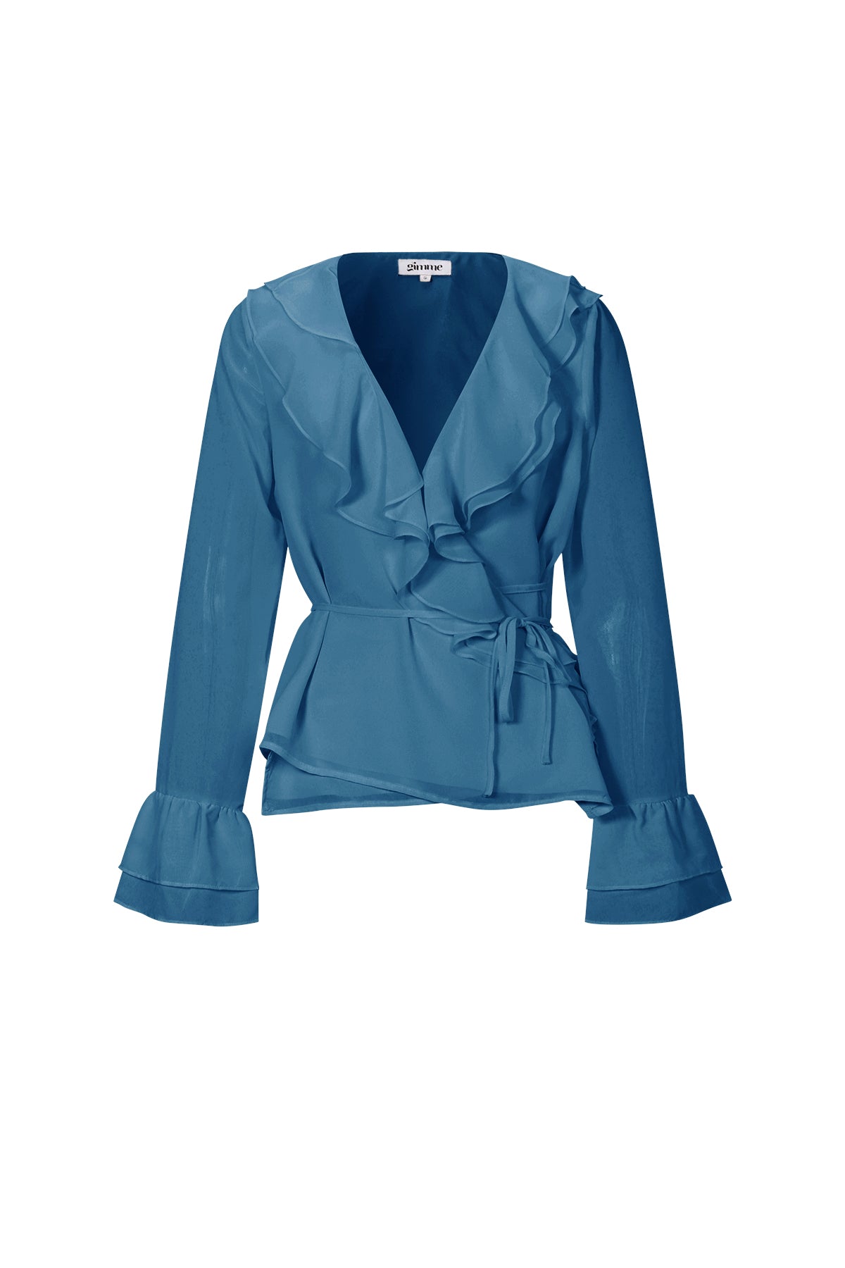 Lucia Wickelbluse – Rüschen in Blau – Produktansicht