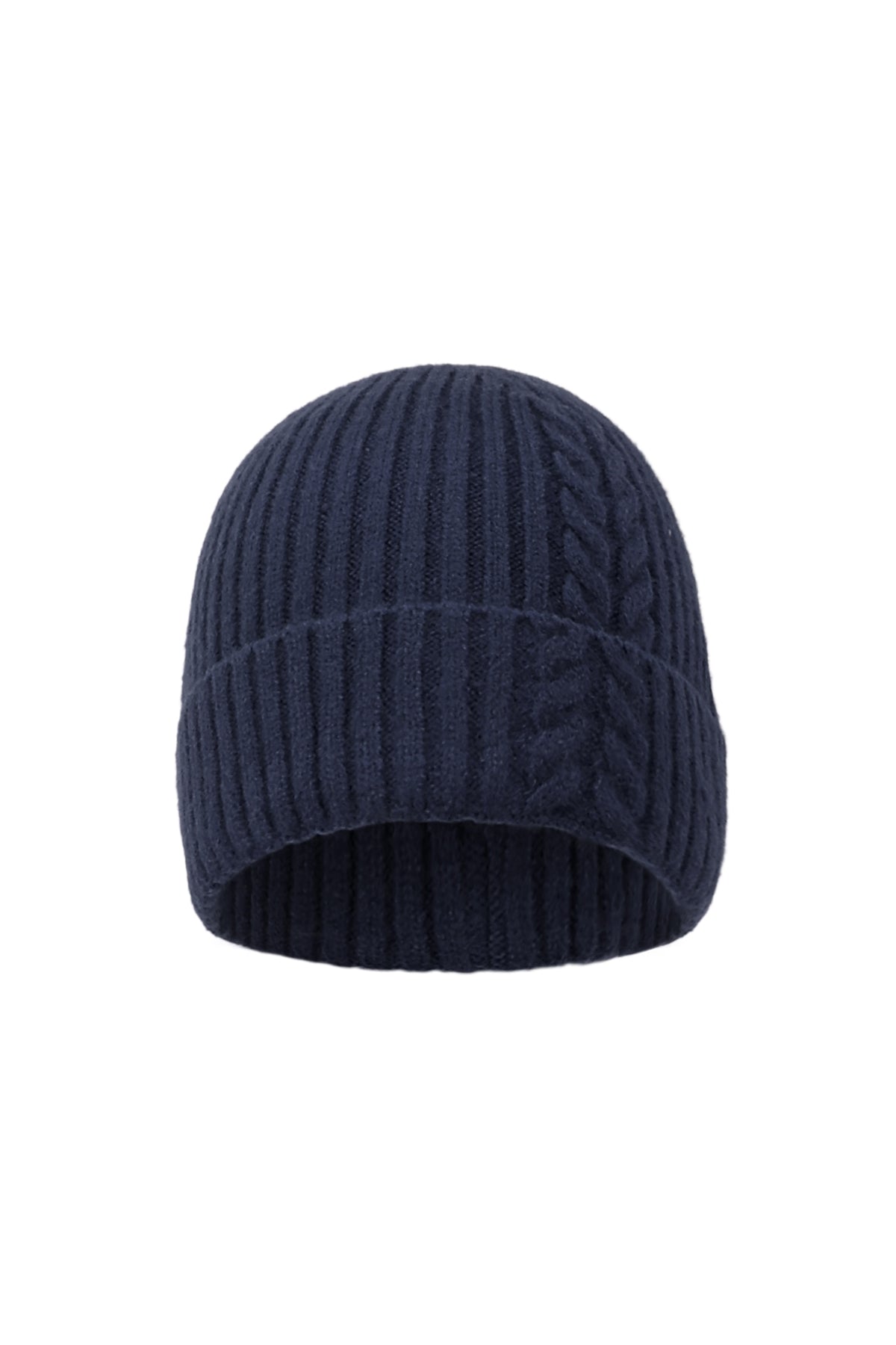 Nala Beanie – Zopfmuster in Dunkelblau – Produktansicht (2)