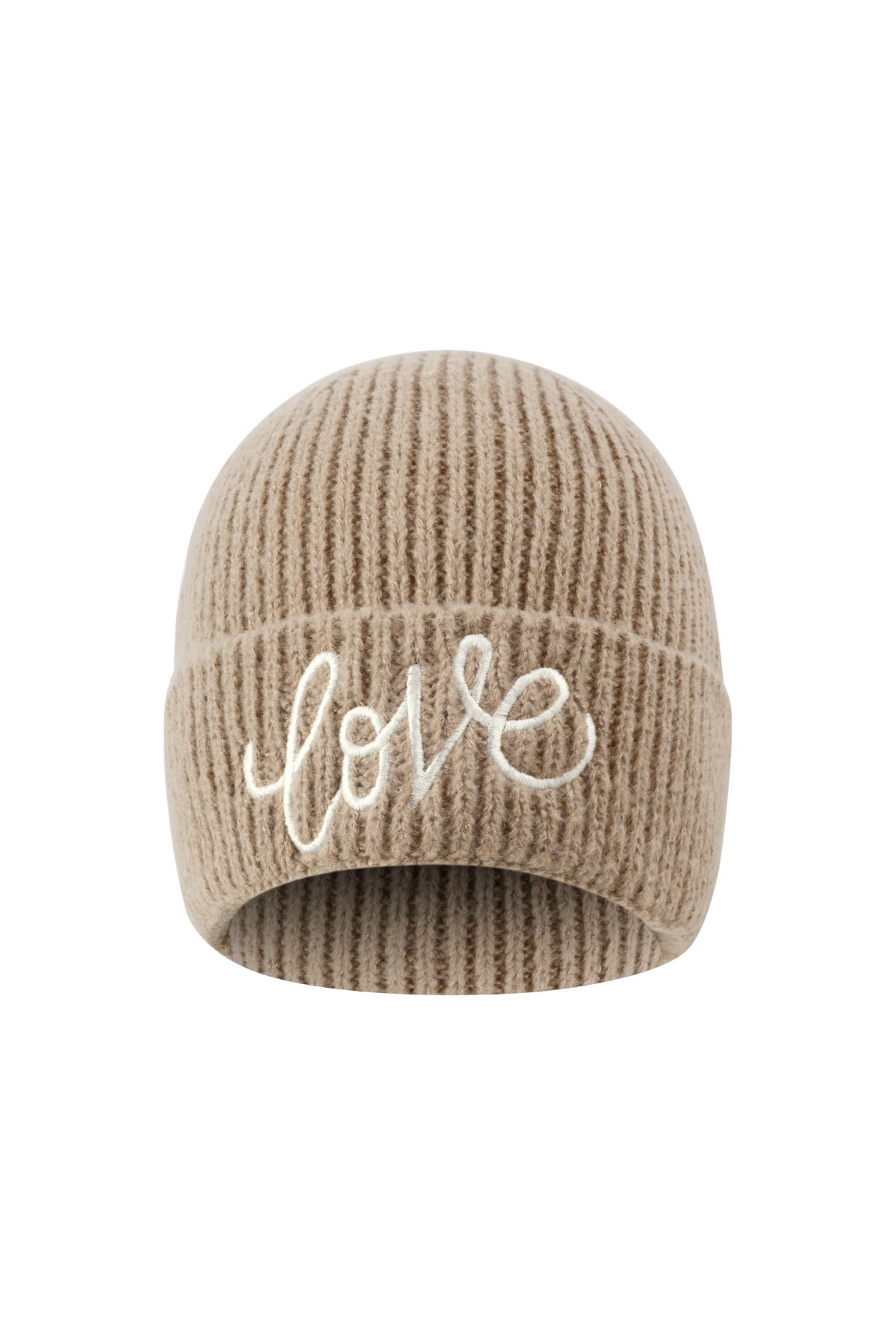 Liana Beanie – Love-Stickerei in Khaki – Produktansicht