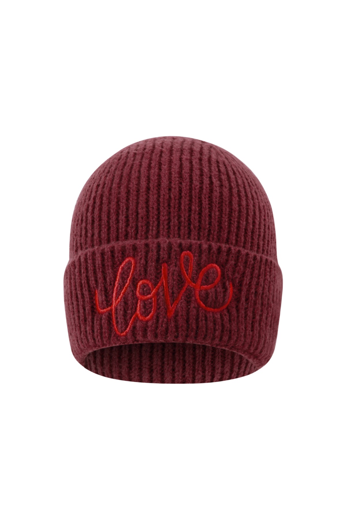 Liana Beanie – Love-Stickerei in Weinrot – Produktansicht (6)