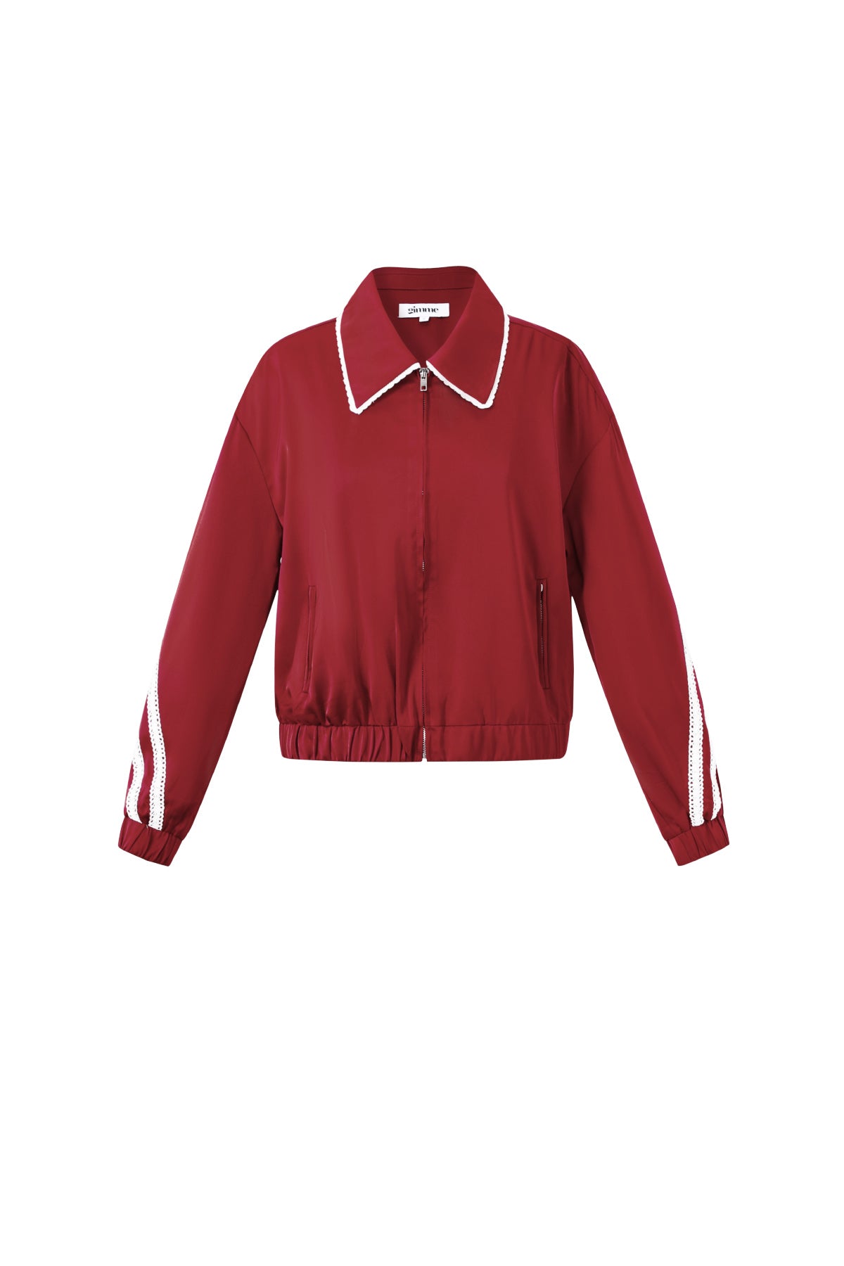 Frieda Satinjacke – Streifen in Weinrot – Produktansicht